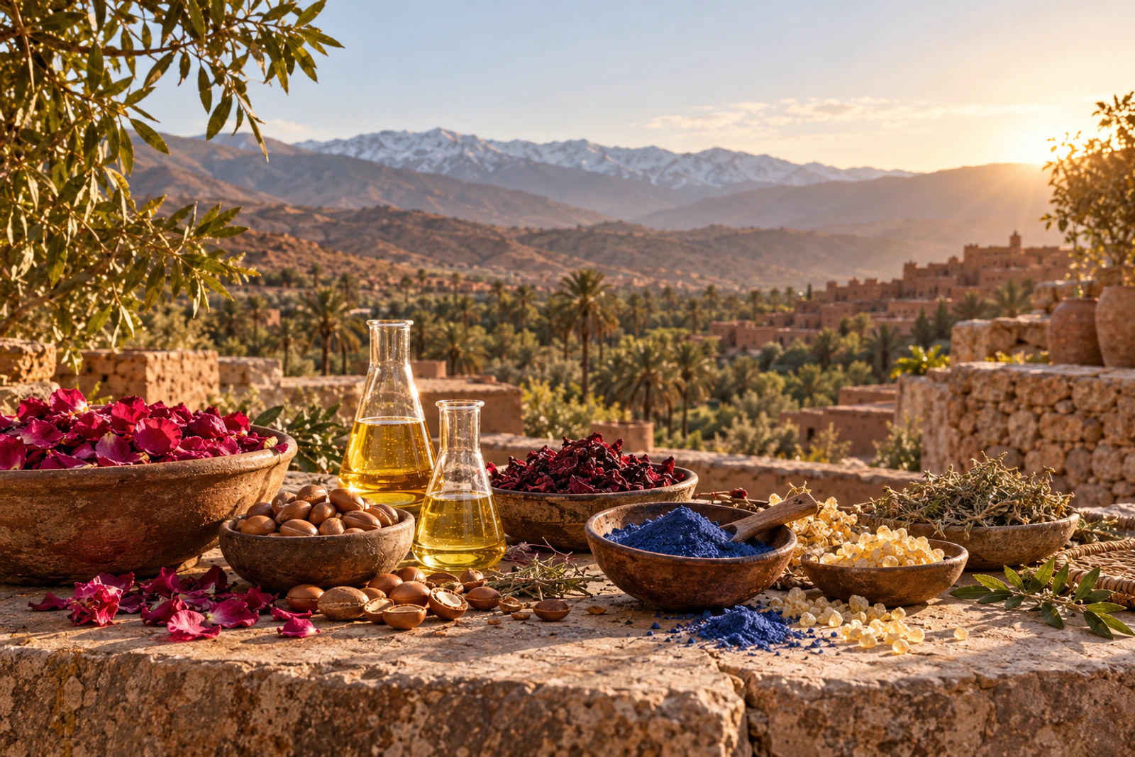 Ingrédients botaniques marocains photographiés dans un paysage de l’Atlas